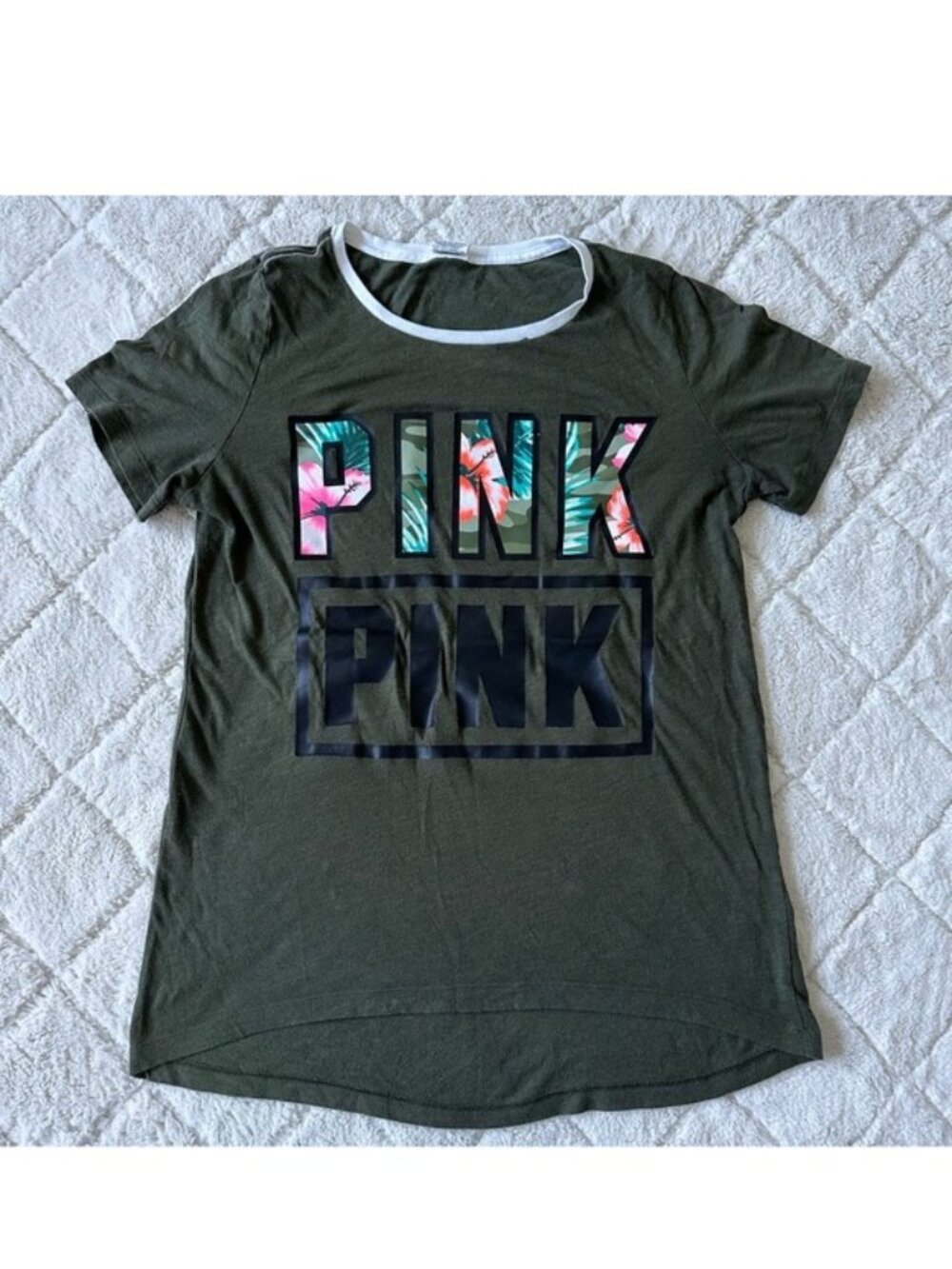 Victoria's Secret PINK | Olive & Tropical Print Logo Crew Neck Tee | Size Large